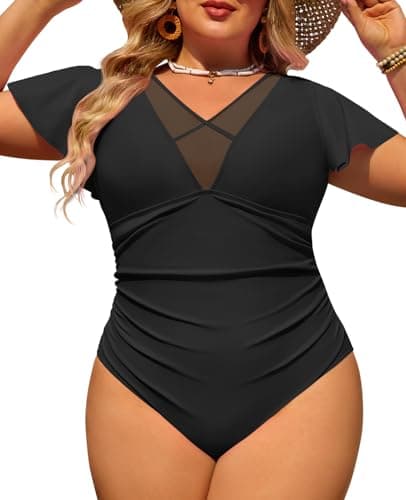 LA PRAJO One Piece Bathing Suit for Women Plus Size Ruched Tummy Control Swimsuits Flowy Ruffle Full Coverage Swimwear 2026 Black 20 Plus - Image 1