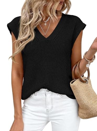 PRETTYGARDEN Women's 2026 Lightweight Sweaters Vest Spring Trendy Cap Sleeve V Neck Knit Tank Tops Summer Going Out Outfits (Black,X-Large) - Image 1