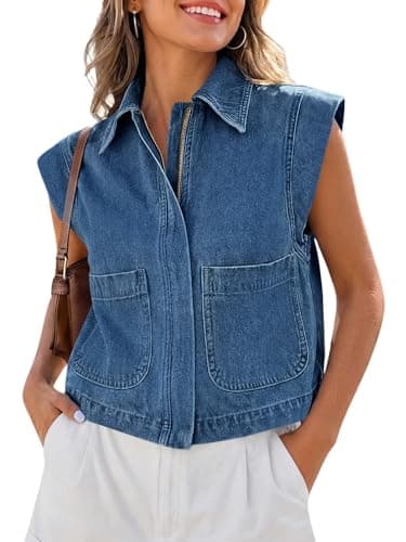 Tankaneo Womens Zip Up Denim Vest Top Summer Cap Sleeve Cropped Jean Vests Jacket Trendy Casual Sleeveless Waistcoat - Image 1