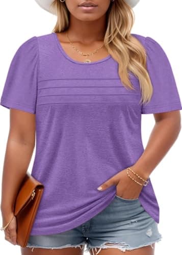 Imily Bela Womens Plus Size Tops 2025 Dressy Casual Short Sleeve Tunic Summer Crew Neck Flowy Pleated Tees Purple - Image 1