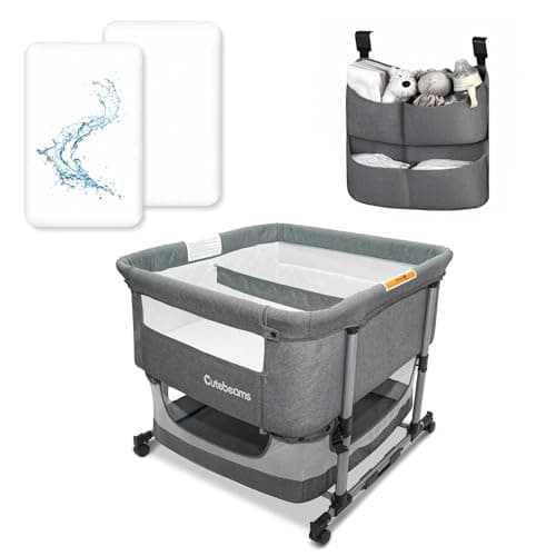 cutebeams Twin Bassinet for 2 Babies with 2-Pack Waterproof Sheets and Hanging Diaper Organizer, Bedside Double Bassinet for Twins, Rocking Bassinet for Baby with Storage Basket, Includes Mattress - Image 1