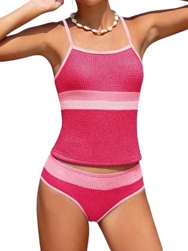 AMAWMW Teen Girls Tankini Set Color Blocking Swimsuit Two Piece Bathing Suit with Chest Pad for Girls 7-16Y, Hot Pink, 7-8Y - Image 1