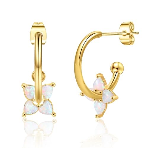 Dainty Opal Earrings Clover Earrings for Women Sterling Silver Huggie Hoop Earrings Gifts for Women - Image 1