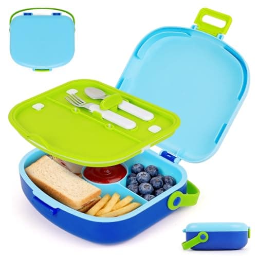 G.a HOMEFAVOR Lunch Box for Kids: 4-Compartment Bento Box with Stainless Steel Utensils, Soft-Grip Handle, Leakproof Food Container for School, 41 oz, Blue - Image 1