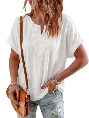 PRETTYGARDEN Womens V Neck T Shirts Rolled Up Short Sleeve Basic Tee Shirt Casual Summer Lace Front Boho Tops Ladied Blouses (White, Medium) - Image 1