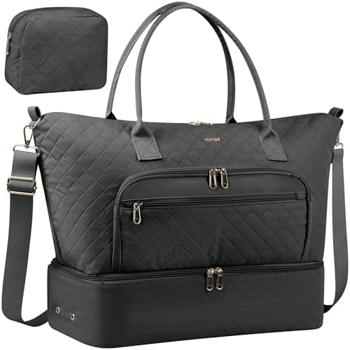 HOTOR Travel Duffle Bag for Women - Carry on Bag with Toiletry Pouch & Shoe Compartment, Large Overnight Weekender Bags for Gym, Business Trips, Sports and Hospital, Black, 17.3" x 7.9" x 13.4" - Image 1