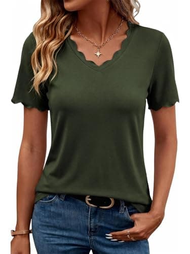Humordream Womens Short Sleeve Tops Scalloped V Neck Dressy Casual Summer Trendy T Shirts Basic Tee Army Green - Image 1