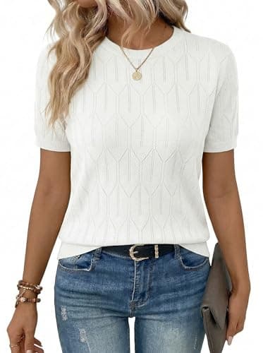 LaGracia Sweater for Women Short Sleeve Crew Neck Lightweight Sweaters Casual Summer Spring Tops 2026 Cream White 2XL - Image 1