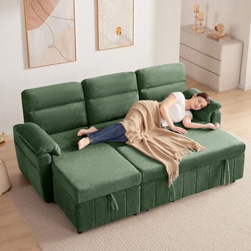 Tbfit 84" Sofa Bed Couch, Pull Out Couch with USB & Type-C Charging, Convertible Sofa Bed with Storage Chaise, Chenille Queen Sleeper Sofa for Small Spaces, Living Room, Apartment, RV, Green
