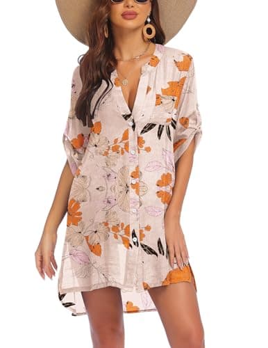 AI'MAGE Women's Swimsuit Cover Ups Shirt V-Neck Button Down Bathing Suit Coverups Beach Tunic Top, Floral-Peach, Large - Image 1