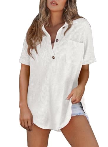 Astylish Women Henley Short Sleeve Shirt V Neck Breathable Solid Oversized Button Up Blouse Waffle Spring Summer Top Tunics White Small - Image 1
