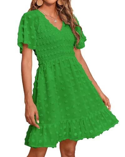 BTFBM Womens Beach Vacation Dress Summer 2026 V Neck Short Sleeve Smocked Swiss Dot Ruffle Casual Mini Spring Dresses(Green, Medium) - Image 1