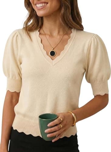 MONORA Women’s Short Sleeve Sweater Puff Sleeve Scalloped V Neck Knit Top Lightweight Pullover for Work Business Casual Cream White - Image 1