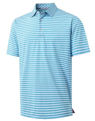 M MAELREG Mens Polo Shirts Short Sleeve Performance Dry Fit Striped Casual Moisture Wicking Sports Golf Shirts Sky Blue White - Image 1