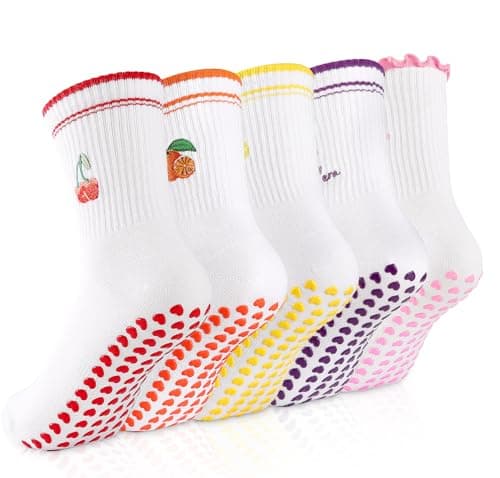 GIAG.IO Pilates Socks with Grips for Women, Cute Yoga Socks with Grips for Women 5 Pais Non-slip Grippy Sock Crew Size 7-9 for Barre Ballet Barefoot Workout