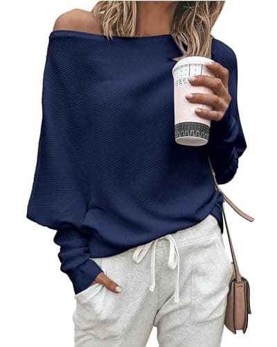 Zenlonr Women's Fall Sweaters 2025 Casual Long Batwing Sleeve Loose Off Shoulder Knit Pullovers Jumper Tops(Navy,X-Large) - Image 1