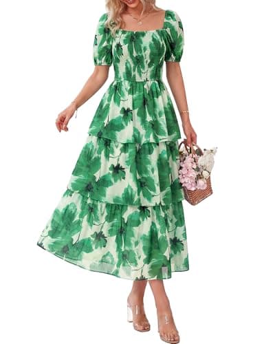 BTFBM Womens Square Neck Smocked Dress Summer Puff Short Sleeve Floral Casual Ruffle Tiered Maxi Wedding Guest Dresses(Floral Green, XX-Large) - Image 1