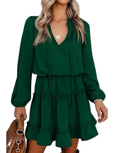 BTFBM Long Sleeve Summer Dresses for Women 2026 Casual Tie Neck Ruffle Tiered A Line Mini Spring Wedding Guest Dress(Long Sleeve Dark Green, Large) - Image 1