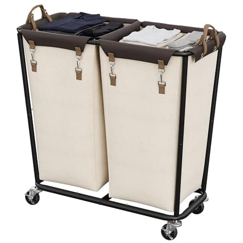 StorageWorks 280L Large Laundry Hamper with Wheels, Laundry Basket with Wheels 2 Sections, Clothes Sorter Cart with Divider for Hotel, Home, Beige, 1-Pack - Image 1