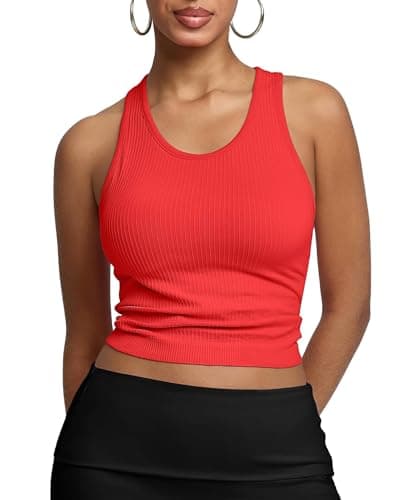 BRXL Women's Ribbed Racerback Tank Tops with Built-in Bra U Neck Sleeveless Fitted Casual Athletic Workout Gym Top Red XL - Image 1