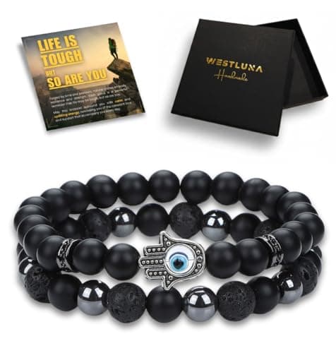 WestLuna Mens Black Obsidian Bracelet Set - Black Obsidian Hematite Lava Stone Triple Protection Bracelet w Evil Eye 8MM Stone Beaded Bracelets for Men Jewelry Gifts (Small) - Image 1