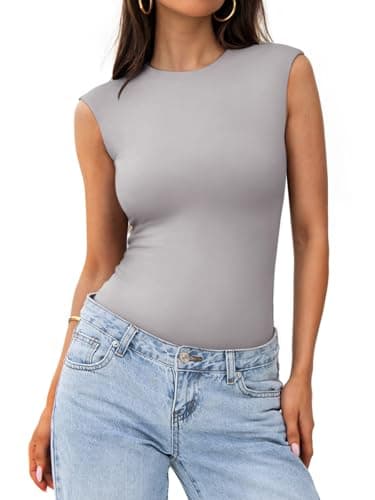 PINKMSTYLE Bodysuit Tank Tops for Women Sexy Sleeveless Double Lining Tummy Control Thong Body suits Top Linght Grey X-Large - Image 1