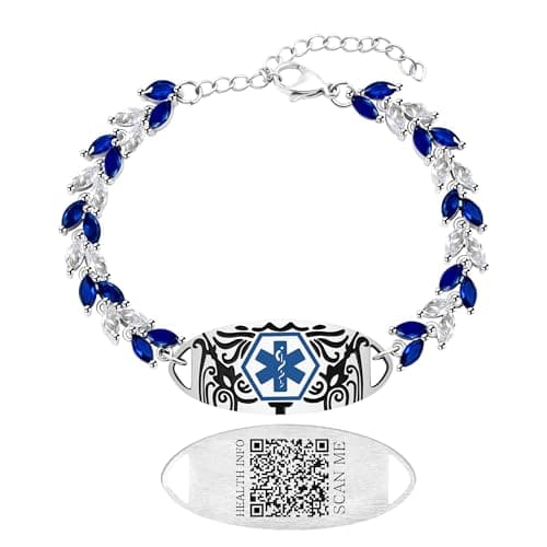 Blue & White Leaf CZ Medical Alert Bracelet for Women | Dynamic QR Code or Custom Engraved ID Jewelry | Emergency Contact Allergy Health Info Stainless Steel & Copper Adjustable Wristband (QR Code-US Stock) - Image 1
