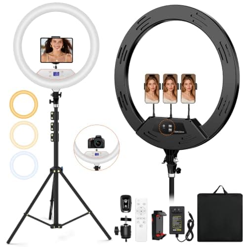 22'' Ring Light with 75'' Tripod Stand, LED Display/2 USB Ports/6500K Dimmable Ring Light for ipad Phone Holder for Tattoo Lash Live Makeup Video Recording TikTok Barber Stylist Photography - Image 1