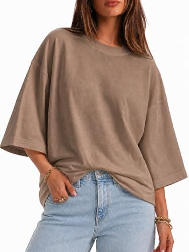 Flowyair Womens Oversized T-Shirt Casual 3/4 Sleeve Summer Boxy Tops Loose Fit Crew Neck Basic Shirts Coffee - Image 1