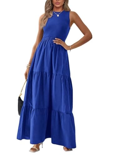 BTFBM Women Sleeveless Summer Dresses Wedding Guest Maxi Dresses Ribbed Knit Tops and Polyester Skirt with Pockets(Solid Blue,Small) - Image 1