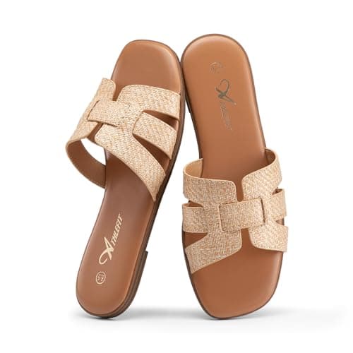 Athlefit Women's Flat Sandals Dressy Summer Square Open Toe Comfortable Slip On Leather Raffia Slide Sandals Size 6.5 - Image 1