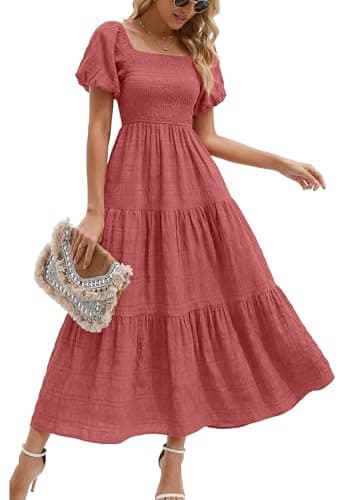 PRETTYGARDEN Womens Summer Puff Short Sleeve Maxi Dress Square Neck Smocked Tiered Ruffle A Line Long Flowy Beach Dresses (Bean Paste Pink,Large) - Image 1