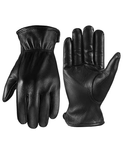 OZERO Leather Garden Gloves: Soft Breathable Mens Deerskin Gloves for Driving, Motorcycle, Horse Riding - Flexible Grip for Working Gardening Yardwork Ranch Farming Hunting for Men & Women (Black,L)