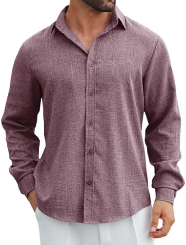 MAPICK Mens Linen Chambray Shirts Long Sleeve Textured Button Up Shirts Casual Dress Untucked Shirts(Dark Purple,XX-Large) - Image 1