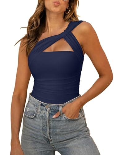 REORIA Womens Sexy One Shoulder Asymmetrical Tank Top Leopard Print Mesh Ruched Sleeveless Backless Trendy Going Out Thong Bodysuits Tops Navy Blue Large - Image 1
