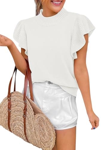 Women's Ruffle Short Sleeve Sweater 2026 Spring Summer Tops Trendy Business Causal Outfits Work Blouses Clothes White L - Image 1