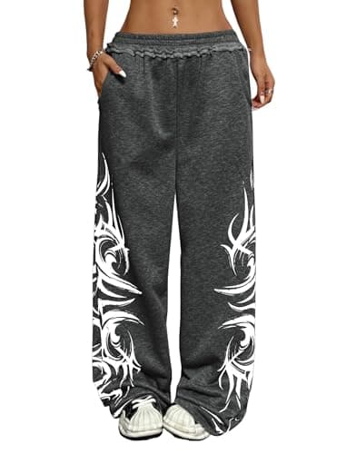ZAFUL Womens Wide Leg Sweatpants Y2K Gothic Graffiti High Waisted Lounge Pants Athletic Joggers Pants with Pockets 1-Dark Grey XXL - Image 1