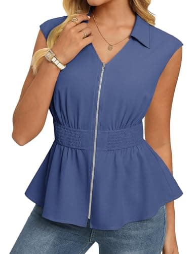GRACE KARIN Womens Peplum Tops Business Casual,Short Sleeve Work Blouses Summer,Zipper V Neck Shirts Cinched Smocked Waist, Denim Blue, Small - Image 1