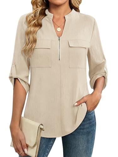 Funlingo 3/4 Length Sleeve Womens Tops Zip Front V Neck Flowy Blouses Loose Fit Work Shirts Tunic Top Spring Business Casual Outfits 2026 Khaki 2XL - Image 1