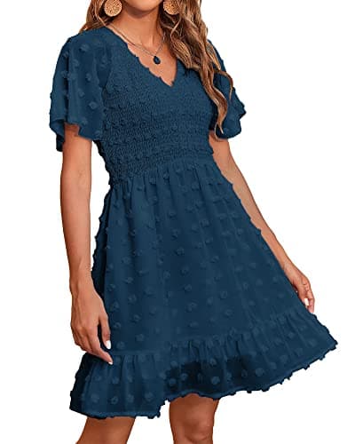 BTFBM Womens Beach Vacation Dress Summer 2026 V Neck Short Sleeve Smocked Swiss Dot Ruffle Casual Mini Spring Dresses(Dark Blue, XX-Large) - Image 1