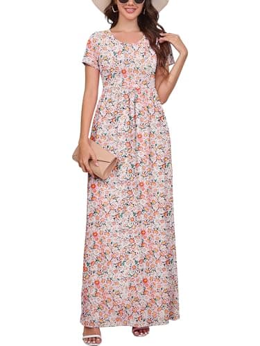DEARCASE Women Floral Maxi Dress Black Yellow Pink Chrysanthemum Medium Round Neck Boho Short Sleeve Sundresses A-line Casual Hawaiian Flowy Spring Summer Vacation Beach Long Dresses with Pockets - Image 1
