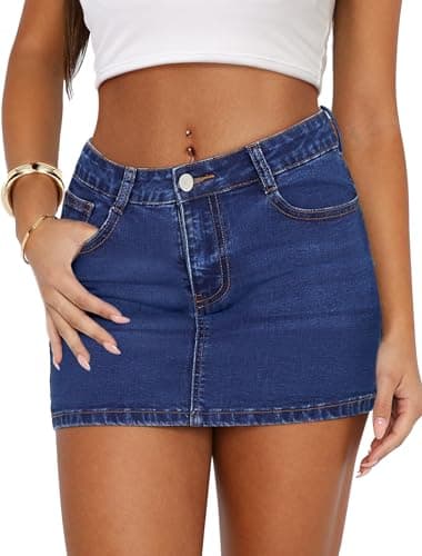 IWD Denim Mini Skirt Women Casual Stretch Jean Skirt Zip Fly Low Waisted Denim Skirt with Pockets Dark Blue Large - Image 1