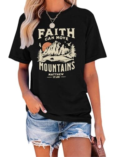 GEMLON Christian Shirts for Women Faith T-Shirt Ladies Hiking Camping Mountain Short Sleeve Graphic Tees Black Shirts - Image 1