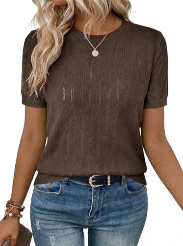 LaGracia Sweater for Women Short Sleeve Crew Neck Lightweight Sweaters Casual Summer Spring Tops 2026 Coffee L - Image 1