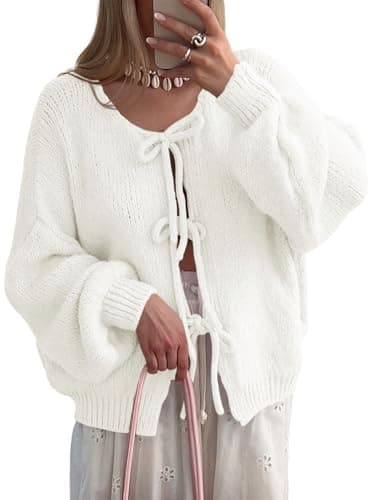 Saodimallsu Womens Tie Front Cardigan Sweaters Cute Bow Puff Long Sleeve 2025 Fall Loose Ribbed Knit Trendy Sweater Tops White - Image 1