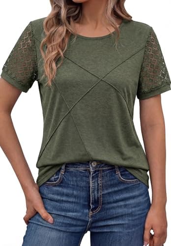 Women's Short Sleeve Shirts, Dressy Lace Summer Trendy T-Shirts, Casual Tops for Women with Round Neck, 2026 Cute Blouses for Work, Travel and Lounge Navy Green, Small - Image 1