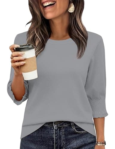 Totatuit Women 2026 Spring Lightweight Sweaters 3/4 Pleated Sleeve Knit Crew Neck Pullovers Sweater Casual Tops Grey Small - Image 1