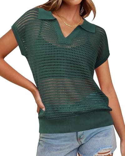Arach&Cloz 2025 Womens Crochet Cap Sleeve Sweater Vest Knit Tops Spring Summer Shirts Lightweight Collared Hollow Out Casual Blouses Pullover Green XL - Image 1