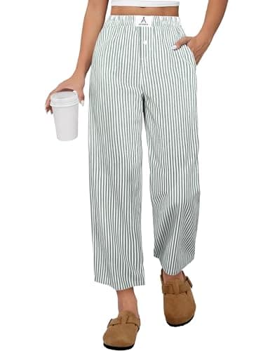 ANRABESS Womens Gingham Striped Pants, Palazzo & Cropped, Comfy & Cute, Lounge Pajama Plaid PJ Bottoms With Pockets Green White Stripe S