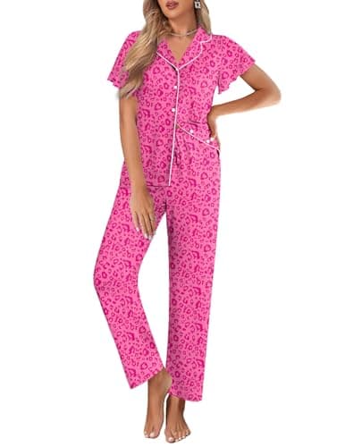 Ekouaer Pajamas for Women Set Button Up Sleepwear Cute Pjs Ruffle Sleeve Notch Collar Lounge Sets with Long Pants Hot Pink Cheetah S - Image 1